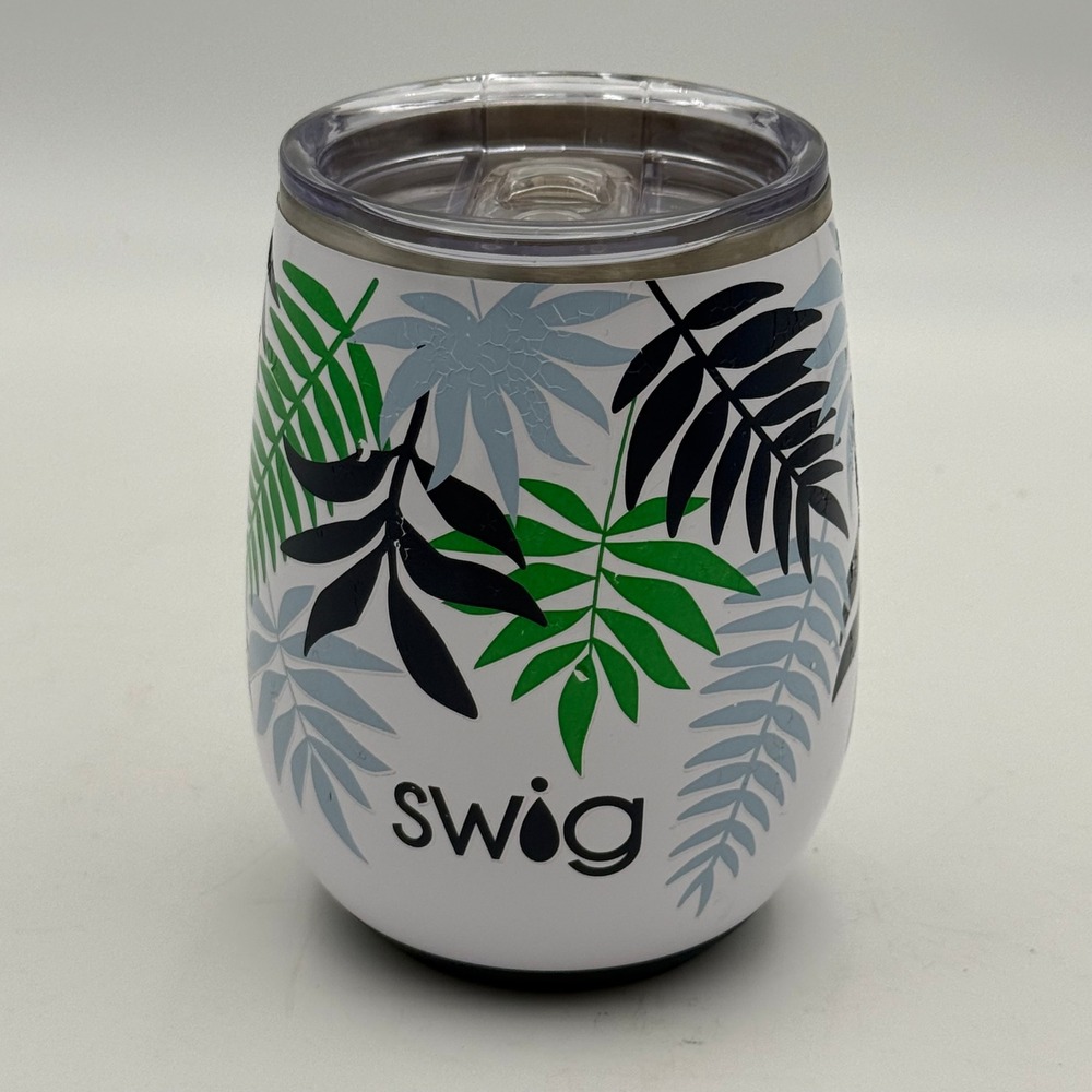 Swig Life Tropical Palm Leaf Insulated Wine Tumbler with Lid White Green 12oz
